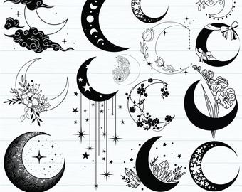 May include: A set of 12 black and white moon illustrations with various floral and star designs. The moons are in different shapes and sizes, and some have a crescent shape, while others are full moons.