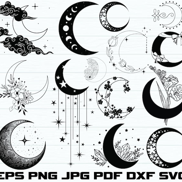 Moon Svg Bundle, Floral Moon Svg, Mystic Celestial Moon Svg, Moon and Stars Svg, Moon Cut Files For Circit, Moon Silhouette, Moon Clipart