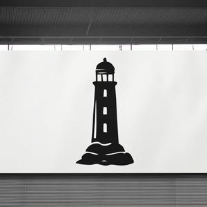 May include: A monochrome illustration of a lighthouse. The lighthouse is shown with a tall, cylindrical tower, a lantern room at the top, and a rocky base. The image is a simple graphic design, suitable for various applications.