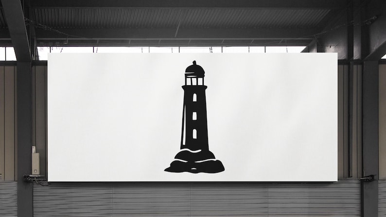 May include: A monochrome illustration of a lighthouse. The lighthouse is shown with a tall, cylindrical tower, a lantern room at the top, and a rocky base. The image is a simple graphic design, suitable for various applications.