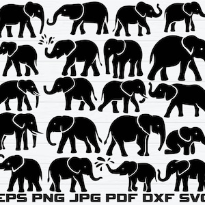 Pode incluir: Uma coleção de silhuetas de elefantes pretos em várias poses. Alguns elefantes estão andando, outros estão borrifando água e alguns estão ajoelhados. A imagem inclui texto de formato de arquivo: EPS PNG JPG PDF DXF SVG.