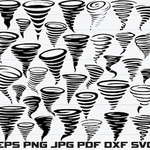Puede incluir: Una colección de ilustraciones de tornados en blanco y negro de varios tamaños y estilos. La imagen incluye las abreviaturas de tipo de archivo: EPS, PNG, JPG, PDF, DXF y SVG.