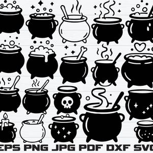 Puede incluir: Una colección de ilustraciones de calderos en blanco y negro con varios diseños. Algunos calderos tienen contenido burbujeante, vapor o cucharas para remover. La imagen incluye los formatos de archivo: EPS, PNG, JPG, PDF, DXF y SVG.