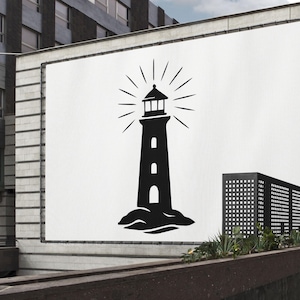 May include: A black and white illustration of a lighthouse with radiating lines on a large white billboard. The lighthouse is on a rocky base. The image is mounted on a building exterior.