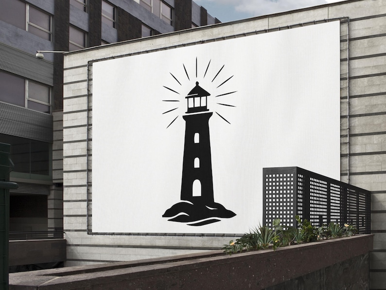 May include: A black and white illustration of a lighthouse with radiating lines on a large white billboard. The lighthouse is on a rocky base. The image is mounted on a building exterior.