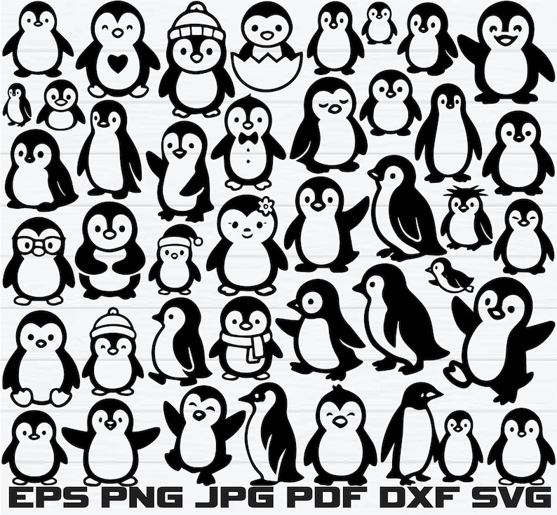May include: A collection of black and white penguin illustrations in various poses and styles. Some penguins wear hats, bow ties, or glasses. The image includes the file format options: EPS, PNG, JPG, PDF, DXF, and SVG.