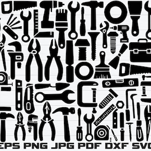 以下が含まれることがあります： ハンマー、レンチ、ペンチ、ノコギリ、ドライバーなど、さまざまな工具の白黒グラフィック。画像には、ツールボックス、巻尺、その他のハードウェアアイテムも含まれています。画像には「EPS PNG JPG PDF DXF SVG」というテキストが含まれています。