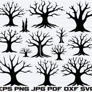 May include: A collection of black tree silhouettes with bare branches and exposed roots. The image includes various tree shapes and sizes, perfect for digital design projects. The bottom of the image displays file format options: EPS, PNG, JPG, PDF, DXF, and SVG.
