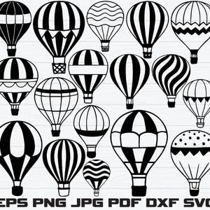 Könnte beinhalten: Eine Sammlung von schwarz-weißen Heißluftballon-Illustrationen in verschiedenen Designs. Das Bild zeigt Ballons mit gestreiften, wellenförmigen und gemusterten Details, mit Körben und Tragwerken. Der Text unten lautet "EPS PNG JPG PDF DXF SVG".