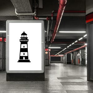 May include: A black and white lighthouse graphic displayed on a large illuminated sign. The sign is in a subway station with a grey tiled floor and red pipes overhead. The lighthouse design has horizontal stripes.
