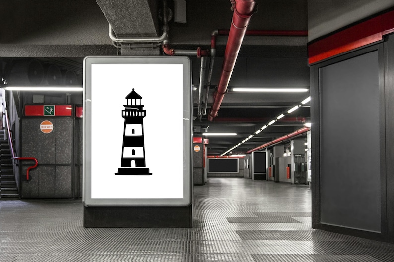 May include: A black and white lighthouse graphic displayed on a large illuminated sign. The sign is in a subway station with a grey tiled floor and red pipes overhead. The lighthouse design has horizontal stripes.