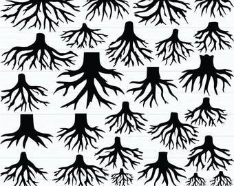 May include: Black silhouette tree root designs on a white background. The image features various sizes of tree root illustrations. The bottom of the image contains the text "EPS PNG JPG PDF DXF SVG".
