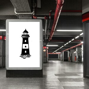 May include: A black and white graphic of a lighthouse on a white rectangular sign. The lighthouse has a detailed design with a light at the top and is set against a background of water. The sign is in a public space.