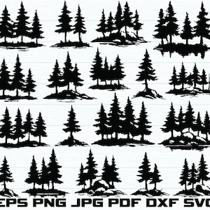 May include: A collection of black silhouette images of pine trees in various arrangements. The images are in a variety of styles, from single trees to groups of trees. The bottom of the image includes the text "EPS PNG JPG PDF DXF SVG".