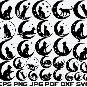 Könnte beinhalten: Eine Sammlung schwarzer Katzen-Silhouetten in verschiedenen Posen, vor Monden und Kreisen mit Sternen. Das Bild enthält Dateityp-Abkürzungen: EPS, PNG, JPG, PDF, DXF und SVG.