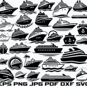 Puede incluir: Una colección de ilustraciones en blanco y negro de cruceros en varios diseños. Algunos barcos tienen anclas, olas y palmeras. La imagen incluye el texto "EPS PNG JPG PDF DXF SVG".