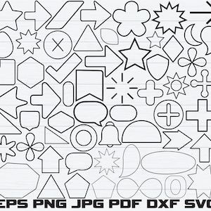 Op de afbeelding: Een verzameling zwarte vectorvormen, waaronder pijlen, sterren, tekstballonnen en geometrische vormen. De afbeelding bevat ook bestandstypeaanduidingen: EPS, PNG, JPG, PDF, DXF en SVG.