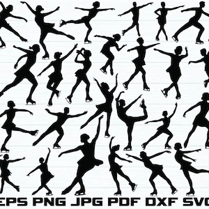 Op de afbeelding: Een verzameling zwarte silhouetfiguren van kunstschaatsers in verschillende poses. De schaatsers worden in beweging afgebeeld, met uitgestrekte armen en benen, rokken en schaatsen. De afbeelding bevat bestandstype notaties: EPS, PNG, JPG, PDF, DXF en SVG.