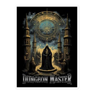 May include: A black and gold illustration of a hooded figure standing in front of a large, ornate clock face. The figure is surrounded by other hooded figures, and the text "Dungeon Master" is written below the image.
