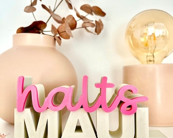 May include: A decorative sign with the word "halts MAUL" in pink and white. The pink letters are in a cursive font, and the white letters are block letters. The sign is on a white surface, with a vase and a lamp in the background.
