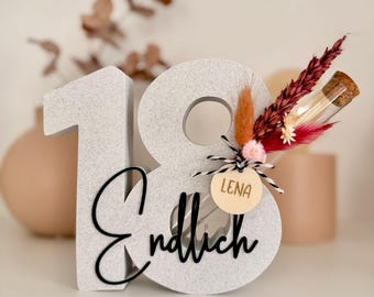 装飾数字「ついに」18 | 18歳の誕生日プレゼント | ドライフラワー入り自立型数字 | 誕生日用のモダンな3Dレタリング