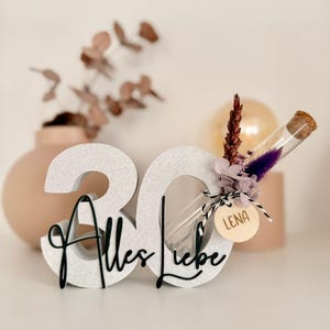 Decoratief cijfer 30 met "Alle goeds" | Cadeau voor een 30e verjaardag | Vrijstaand cijfer met gedroogde bloemen | Moderne 3D-verjaardagsletters