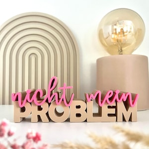Könnte beinhalten: Ein Holzschild mit den Worten "nicht mein PROBLEM" in einer Kombination aus Beige und Rosa. Das Wort "PROBLEM" ist in beigen Blockbuchstaben geschrieben, und die Worte "nicht mein" sind in rosa Schreibschrift geschrieben. Das Schild steht auf einer weißen Oberfläche.