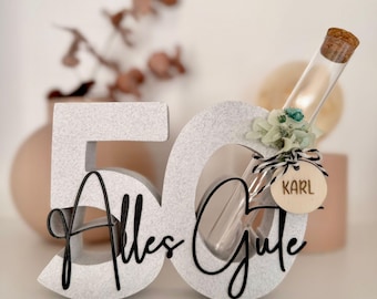 Decorative number 50 with "Alles Gute" | 50th birthday gift | Freestanding number with dried flowers | 3D lettering for a modern birthday