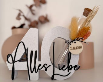 Decorative number 40 with "All the best" | 40th birthday gift | Freestanding number with dried flowers | Modern 3D birthday lettering