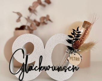 Decorative number "Congratulations" 90 | 90th birthday gift | Freestanding number with dried flowers | Modern 3D lettering for birthdays