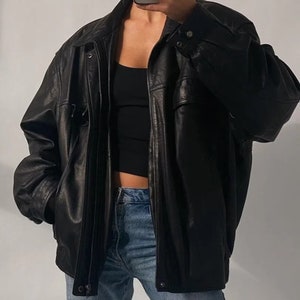 Blouson bomber noir oversize fait main en cuir d'agneau souple pour femme | Veste en cuir véritable pour femme, tenue décontractée, cadeau pour femme