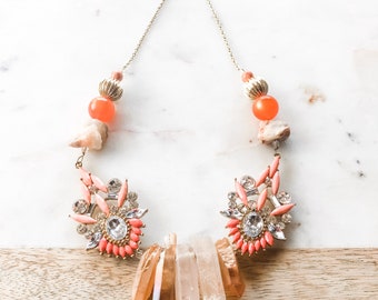 Abbi Statement Necklace Orange Mixed Media Stone and Crystal Points