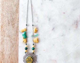 Erin Bottlecap Necklace Statement necklace with vintage yellow and green “Virgina Corker” soda bottlecap and gumball charms