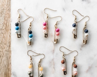 Simple Beaded Gold Safety Pin Earrings