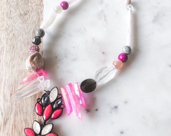 Penelope Necklace Hot Pink  Mixed Media Crystal and Stone Statement Necklace