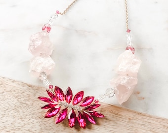 Björk Rose Quartz &Magenta Pink Rhinestone Statement Necklace with Matching Earrings