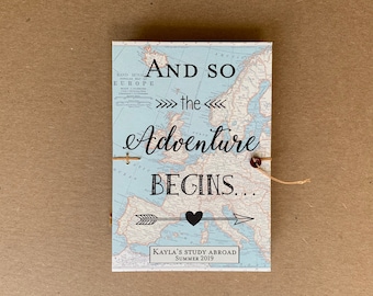 And So the Adventure Begins Travel Notebook, Travel Theme Bridal Shower Gift, Honeymoon Journal, Personalized with name, date & custom map