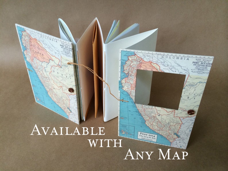 May include: A handmade journal with a map of Peru on the cover. The journal has a brown leather spine and is tied closed with twine. The text "Peru 2014 The Journey Begins Adventure" is printed on the cover. The journal is available with any map.