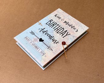 Birthday Trip Journal Gift, Personalized with Pockets and Envelopes, Custom Map