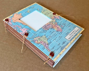 Midsize Expandable Travel Journal, Scrap Book or Art Journal with Custom Map, Pockets and Envelopes, Scrapbook, Medium Notebook