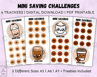 Kawaii Coffee Savings Challenge | Printable PDF Trackers (A5, A6, A7)