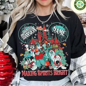 Personalized Mickey & Friends Hitchhiking Ghosts Santa Hat Disney The Haunted Mansion Christmas Shirt, Making Spirits Bright Holiday Family