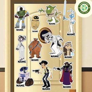 May include: A set of 12 colorful cartoon character stickers featuring characters from popular movies and TV shows. The stickers are printed on white paper and have a glossy finish. The characters include a green alien, a blue bug, a robot, a brown bear, a white creature, a man with glasses, a purple creature, a cowboy, a robot, and a green alien.