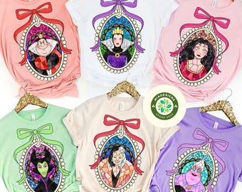 Coquette Bow Disney Villains Shirt, Maleficent Evil Queen Cruella Ursula Female Villain Evil Friends, Girly Aesthetic Disney Girl Trip Shirt