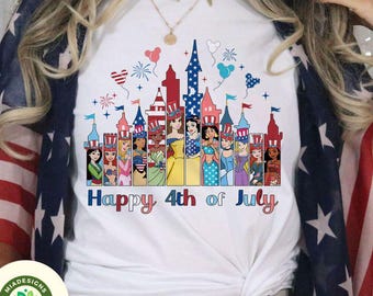 Disney Princess Castle Happy 4th of July Shirt, WDW Disneyland Family American Flag USA Patriotic, Red White and Blue Disney Girl Trip Shirt