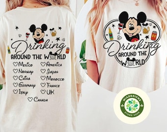 Two-sided Mickey and Friends Drinking around the World Disney Epcot Shirt, Epcot Center Drinking Team Family Vacation 2025, Epcot World Tour