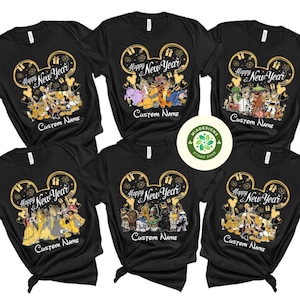 Personalized All Characters Disney Happy New Year 2025 Shirt, Mickey & Friends Holiday Family New Year&#39;s Eve Party Firework Group Sweatshirt