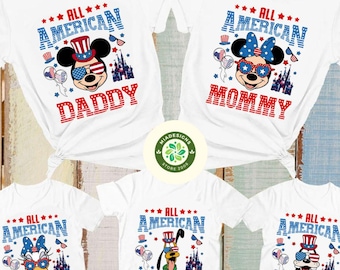 Chemise personnalisée Disney 4 juillet, Mickey et ses amis famille américaine papa maman enfants assortie, drapeau des États-Unis patriotique rouge blanc et bleu