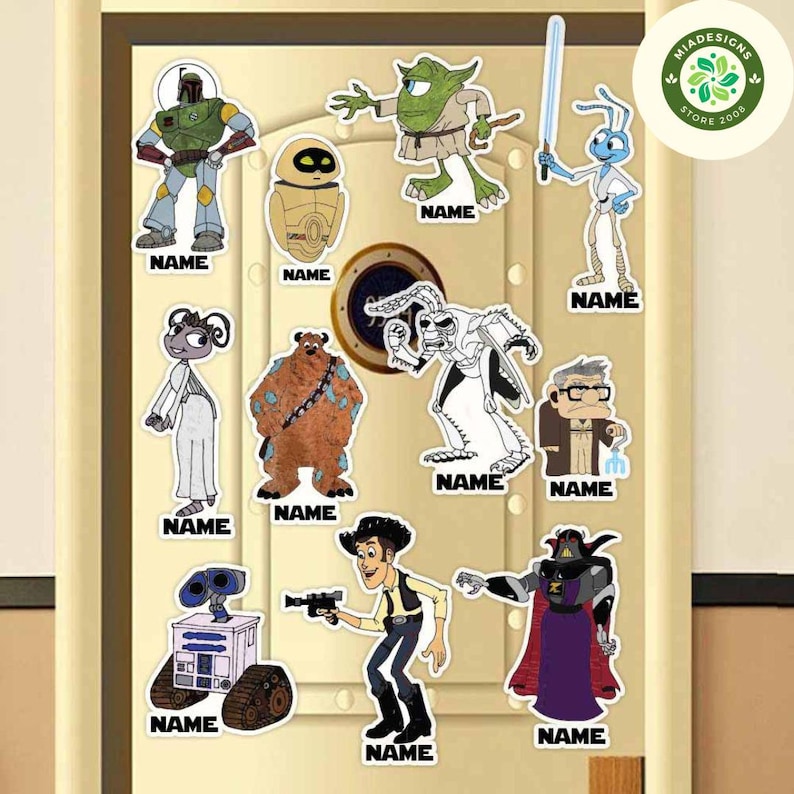 May include: A set of 12 colorful cartoon character stickers featuring characters from popular movies and TV shows. The stickers are printed on white paper and have a glossy finish. The characters include a green alien, a blue bug, a robot, a brown bear, a white creature, a man with glasses, a purple creature, a cowboy, a robot, and a green alien.