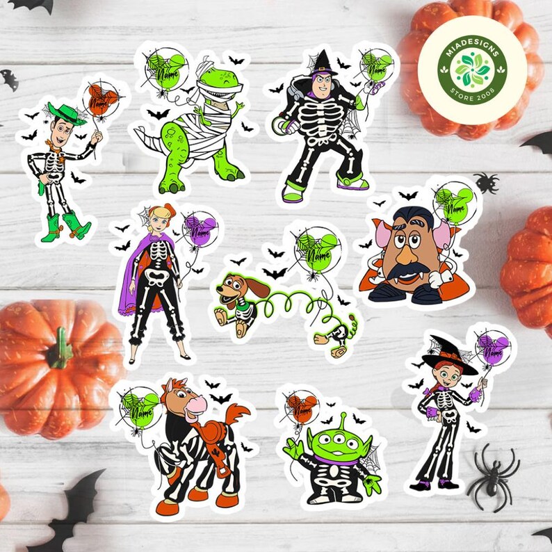May include: A collection of Halloween-themed stickers featuring characters dressed in skeleton costumes. The stickers include a dinosaur wrapped in bandages, a green alien, and a horse with zebra stripes. Each character holds a balloon with a spider web design.